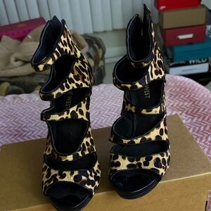 Nine West Leopard Print Strappy High Heel Sandals - Black & Brown